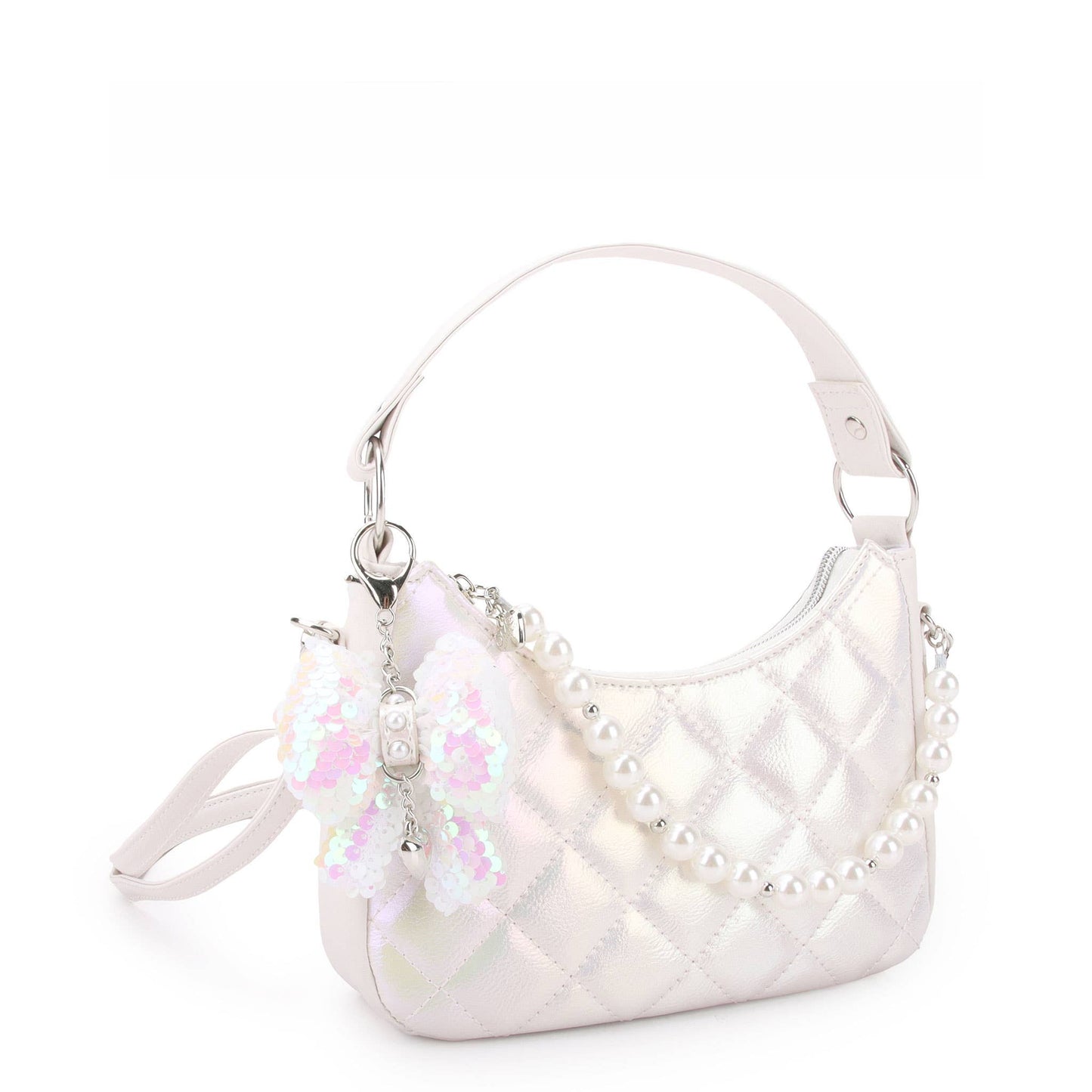 Metallic Quilted Hobo Crossbody with Pearl Chain