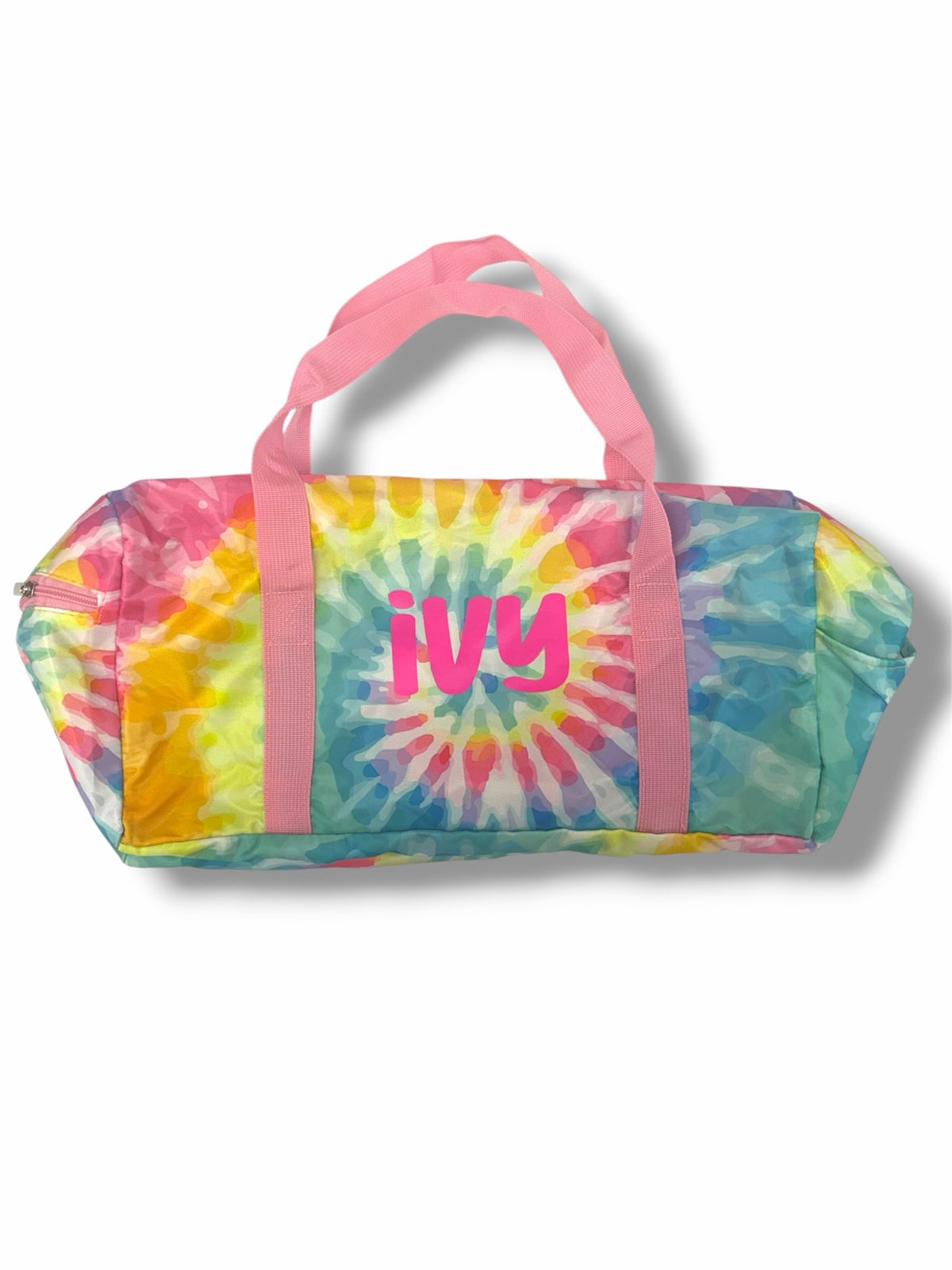 Personalized tie dye duffle bag with pink handles and custom pink name, kids dance, sleepover and camp bag