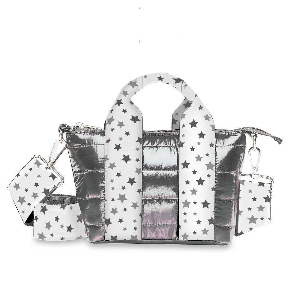 Gunmetal Puffer Tiny Tote Snowflake Star Straps