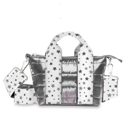 Gunmetal Puffer Tiny Tote Snowflake Star Straps