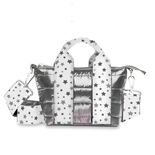 Gunmetal Puffer Tiny Tote Snowflake Star Straps