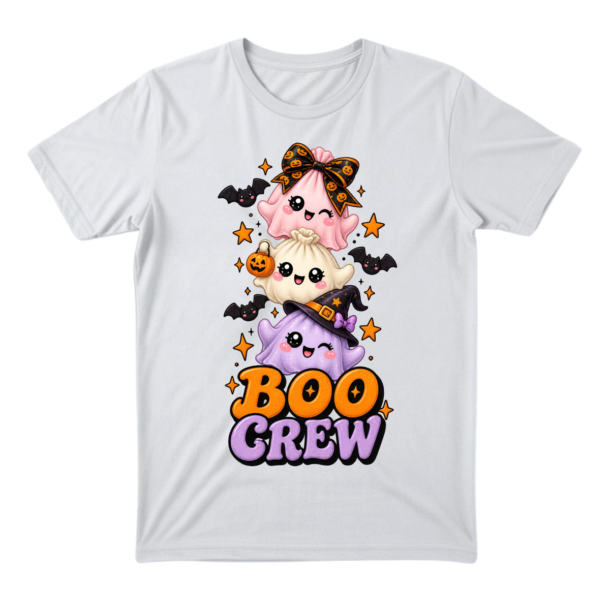 White Boo Crew Squishy Dumpling Halloween T-shirt featuring three adorable pastel Halloween dumplings with bows, witch hats, bats, and orange and purple BOO CREW lettering.