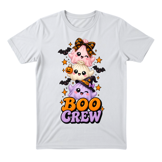White Boo Crew Squishy Dumpling Halloween T-shirt featuring three adorable pastel Halloween dumplings with bows, witch hats, bats, and orange and purple BOO CREW lettering.
