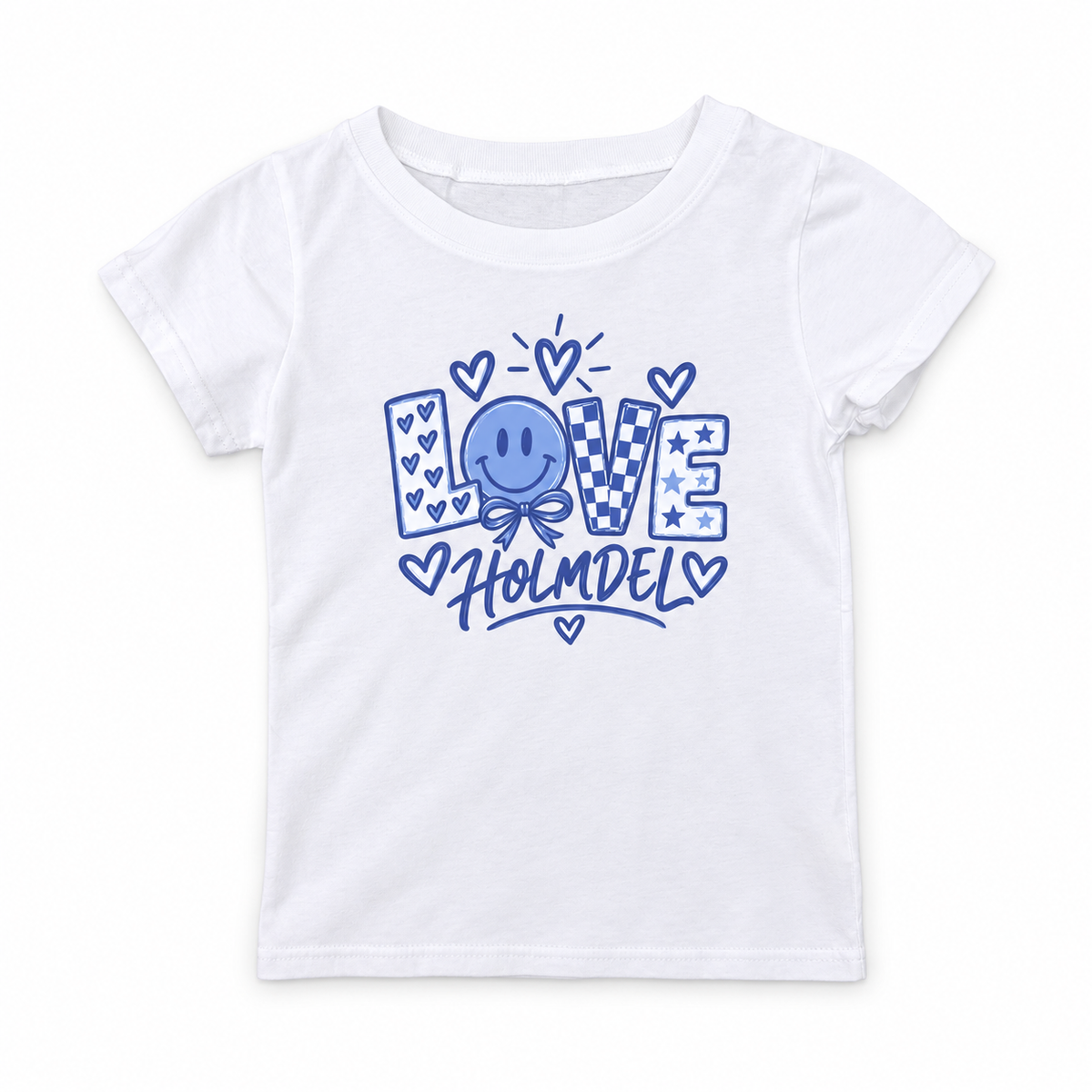 White custom LOVE school spirit T-shirt with blue hearts, smiley face, bow, checkerboard lettering, stars and Holmdel name