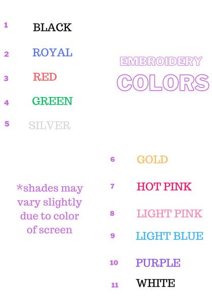 Embroidery thread color chart for personalized seersucker bags