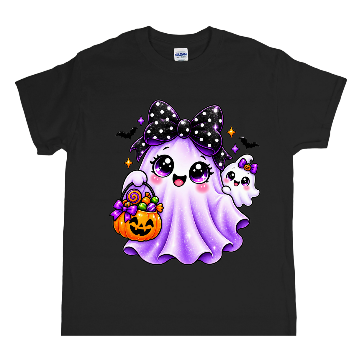 Girly Squishy Dumpling Ghost Halloween T-shirt featuring a cute purple ghost with a polka-dot bow and pumpkin candy bucket on a black tee.