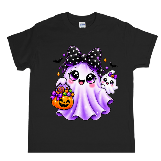 Girly Squishy Dumpling Ghost Halloween T-shirt featuring a cute purple ghost with a polka-dot bow and pumpkin candy bucket on a black tee.