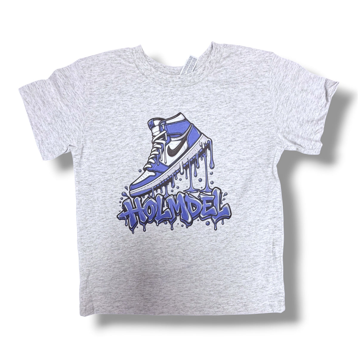 Kids gray Holmdel school spirit T-shirt featuring a blue graffiti sneaker design and Holmdel lettering.