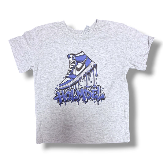 Kids gray Holmdel school spirit T-shirt featuring a blue graffiti sneaker design and Holmdel lettering.