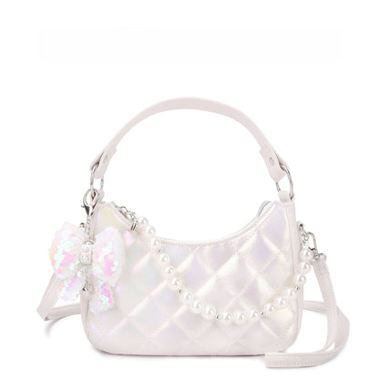 Metallic Quilted Hobo Crossbody with Pearl Chain