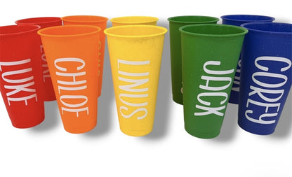 Cup personalization examples in red orange yellow green and blue with names in white