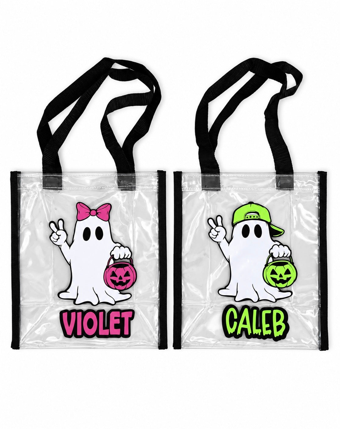 Two clear plastic Halloween tote bags with black handles, each printed with a cartoon ghost holding a jack-o'-lantern.  Personalized with children's names. 