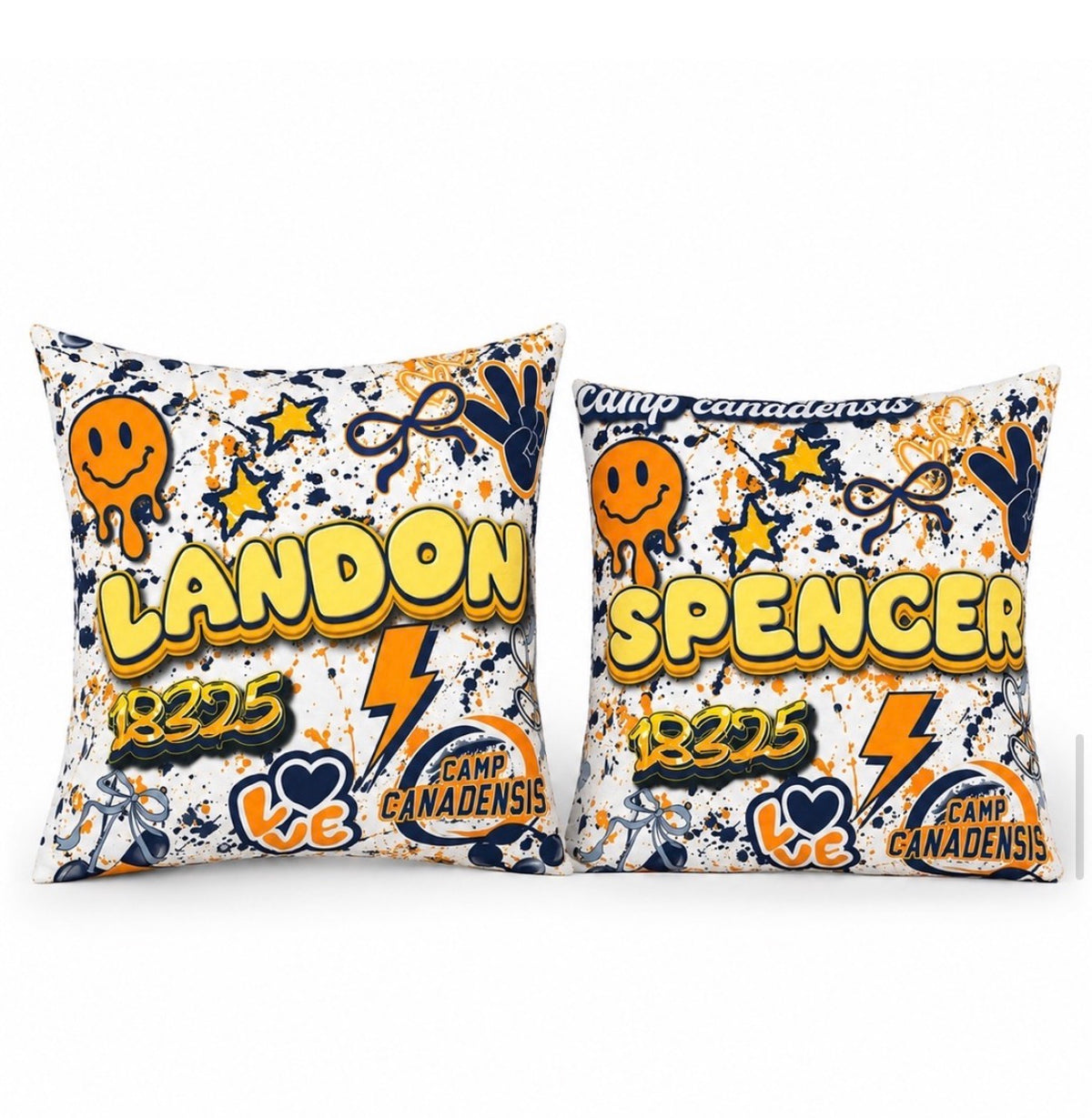 Personalized sleepaway camp bunk pillows with camper names and custom camp-themed graffiti graphics