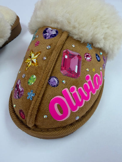 Personalized Olivia chestnut slipper with faux fur trim and colorful jewels